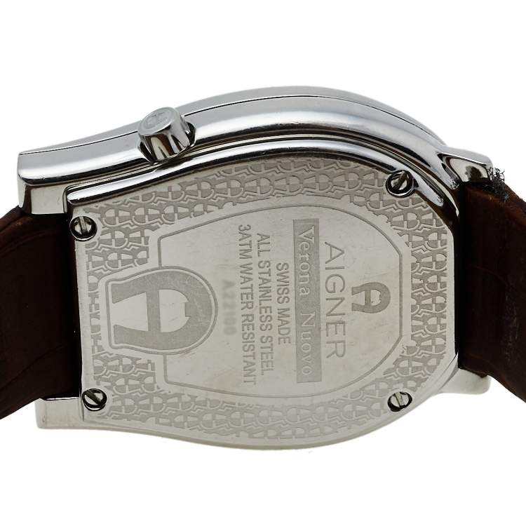 Pre Owned Aigner Silver Stainless Steel Leather Verona Nuovo A22100 Women's Wristwatch 33 mm