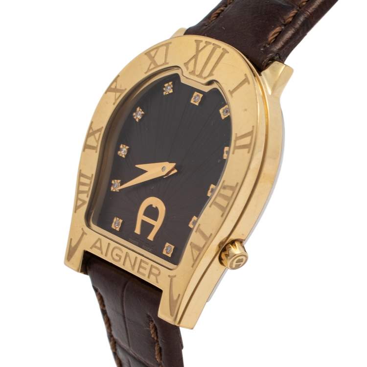 Pre Owned Aigner Brown Yellow Gold Plated Stainless Steel Leather Verona Nuovo A22400 Women's Wristwatch 30 mm