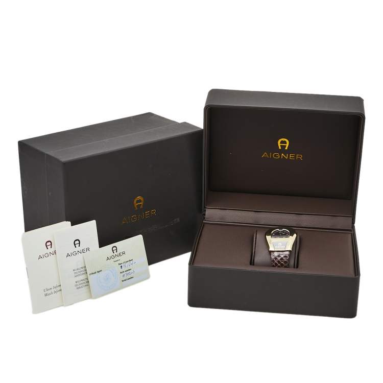 Pre Owned Aigner Brown Gold Plated Stainless Steel Leather Venezia A39200 Women's Wristwatch 36 mm