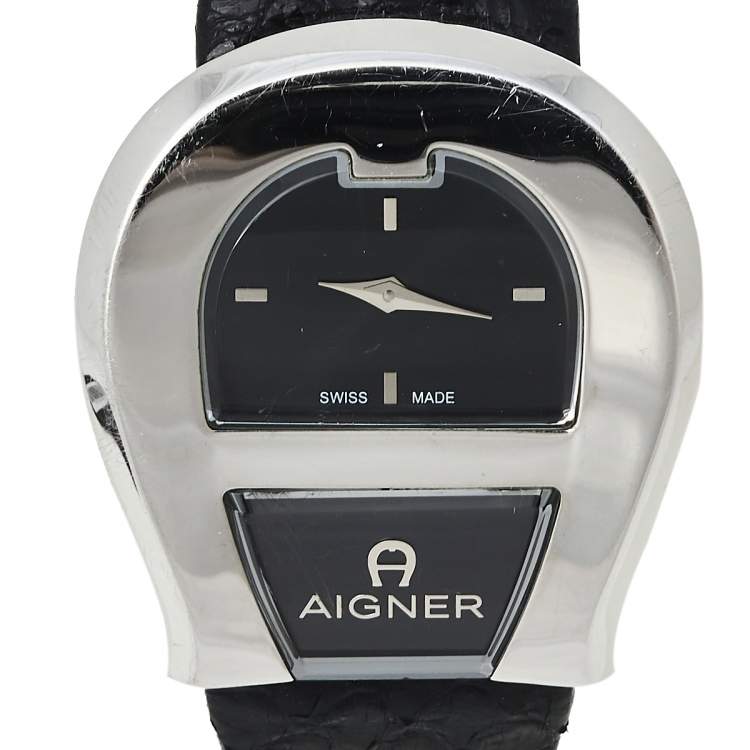 Pre Owned Aigner Black Stainless Steel Leather Venezia A39200 Women's Wristwatch 36 mm