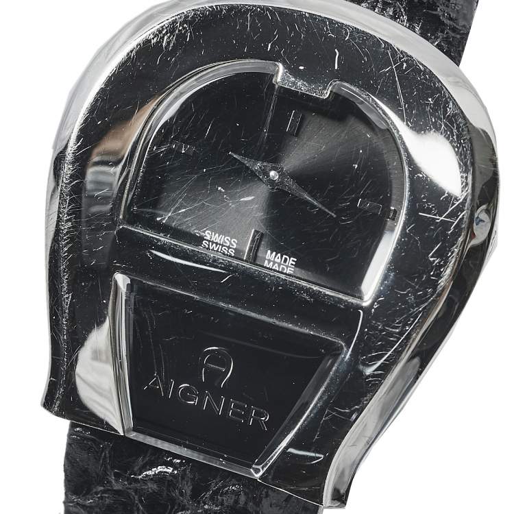 Pre Owned Aigner Black Stainless Steel Leather Venezia A39200 Women's Wristwatch 36 mm