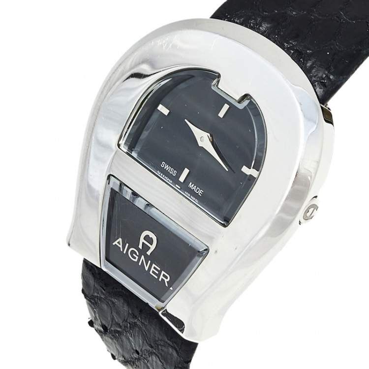 Pre Owned Aigner Black Stainless Steel Leather Venezia A39200 Women's Wristwatch 36 mm