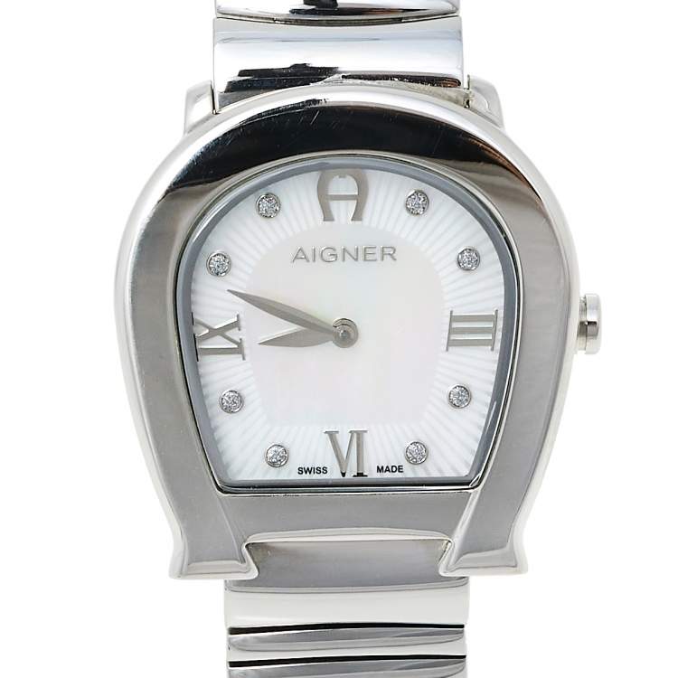 Pre Owned Aigner Mother of Pearl Stainless Steel Messina A40200 Women's Wristwatch 29 mm