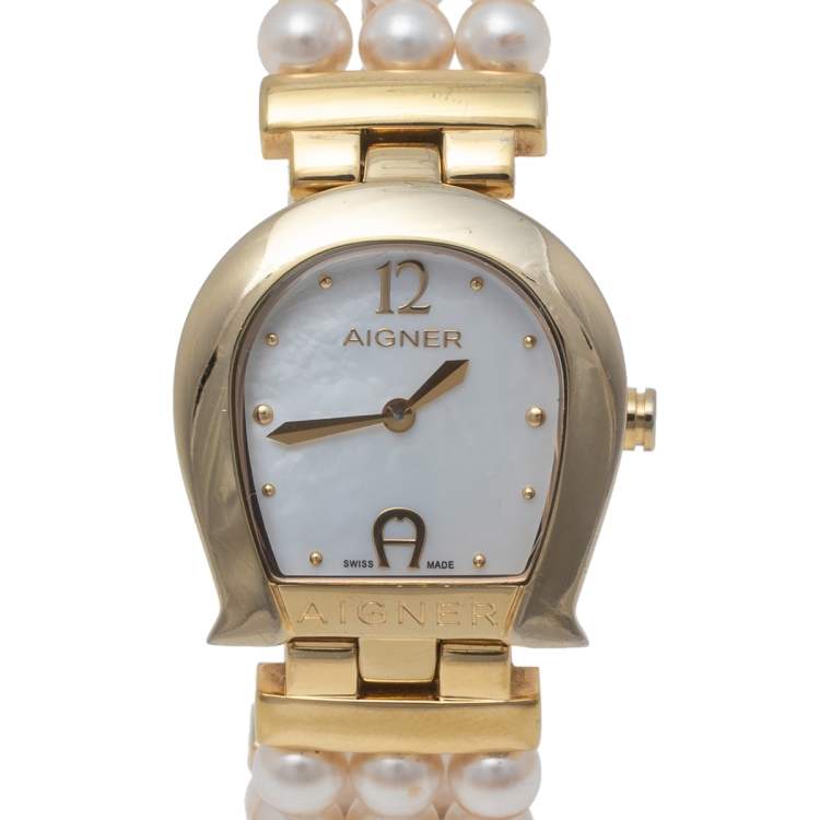 Pre Owned Aigner MOP Gold Tone Stainless Steel & Faux Pearl La Spezia A03300 Women's Wristwatch 28 mm
