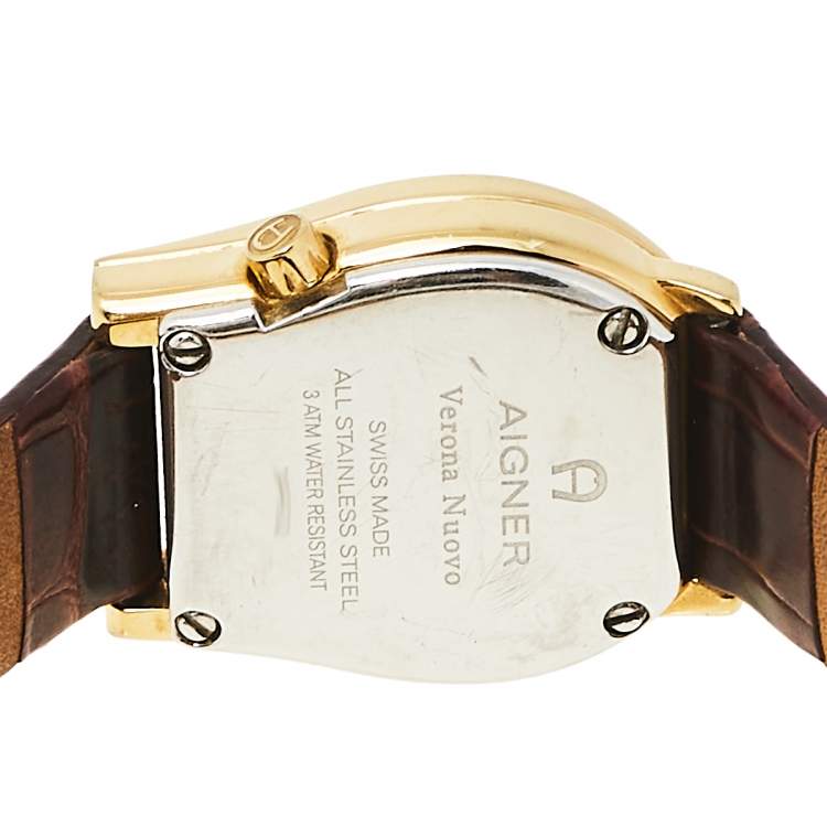 Pre Owned Aigner Gold Tone Stainless Steel Leather Verona Nuovo A22200 Women's Wristwatch 24 mm