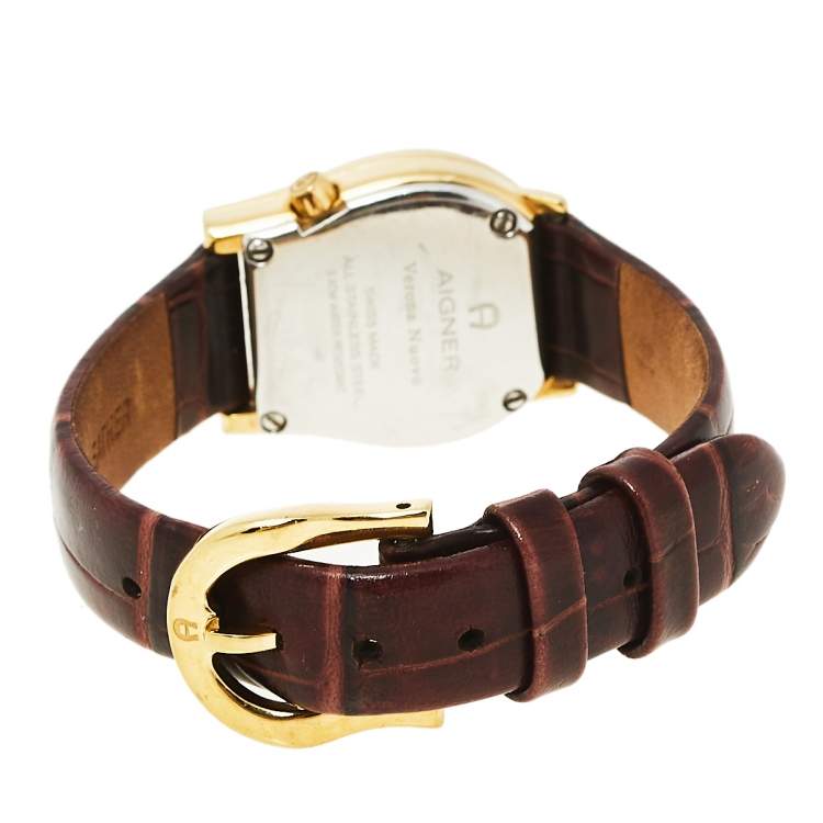 Pre Owned Aigner Gold Tone Stainless Steel Leather Verona Nuovo A22200 Women's Wristwatch 24 mm