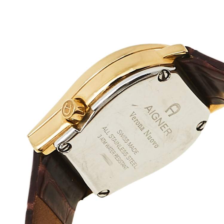 Pre Owned Aigner Gold Tone Stainless Steel Leather Verona Nuovo A22200 Women's Wristwatch 24 mm