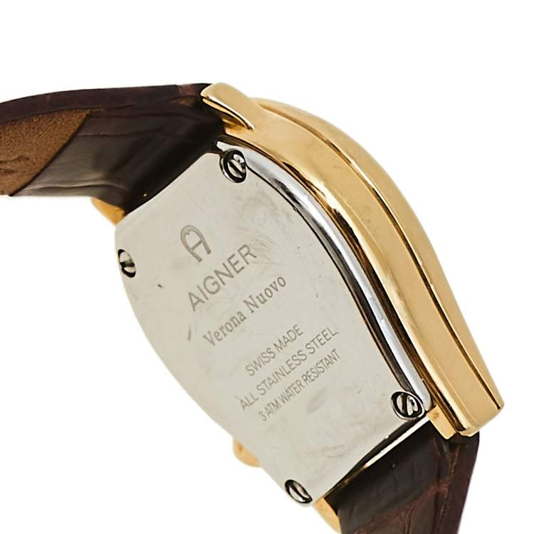 Pre Owned Aigner Gold Tone Stainless Steel Leather Verona Nuovo A22200 Women's Wristwatch 24 mm