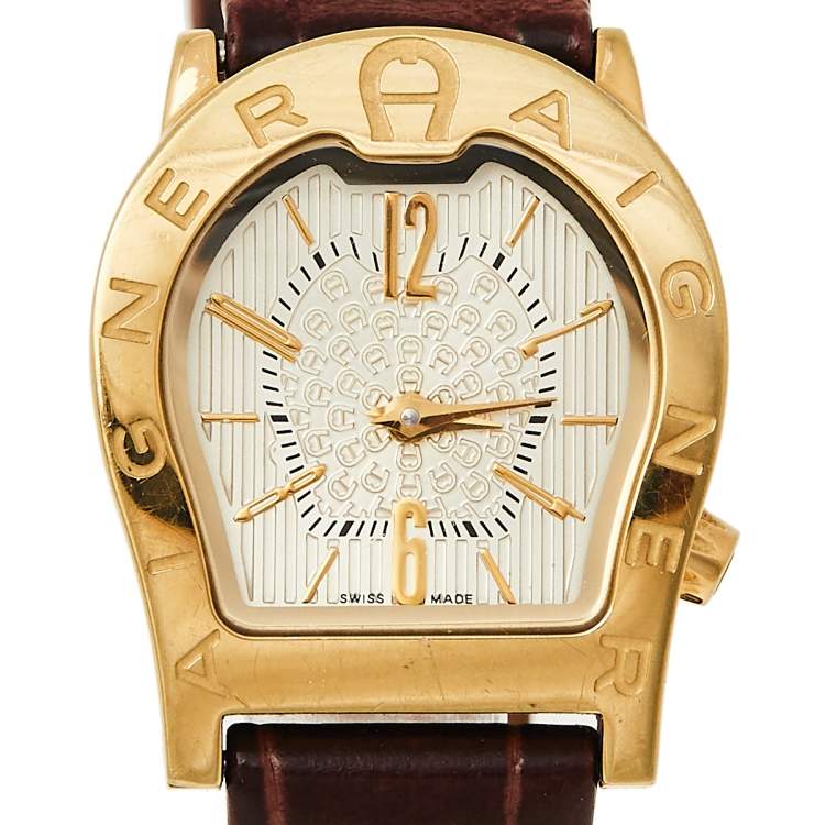 Pre Owned Aigner Gold Tone Stainless Steel Leather Verona Nuovo A22200 Women's Wristwatch 24 mm