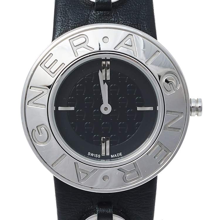 Pre Owned Aigner Black Stainless Steel Leather Aversa A51200 Women's Wristwatch 32 mm