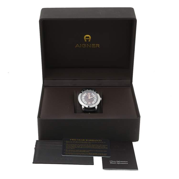 Pre Owned Aigner Brown Stainless Steel Leather Cortina A26000 Unisex Wristwatch 42 mm