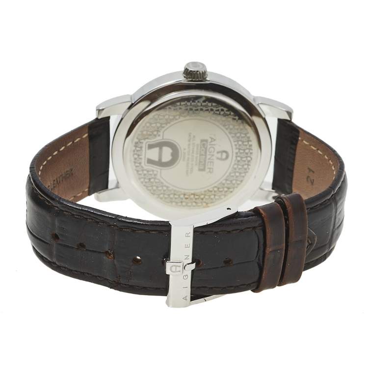 Pre Owned Aigner Brown Stainless Steel Leather Cortina A26000 Unisex Wristwatch 42 mm
