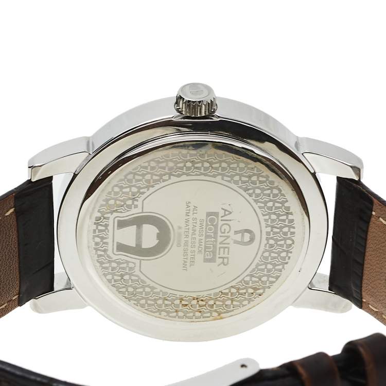 Pre Owned Aigner Brown Stainless Steel Leather Cortina A26000 Unisex Wristwatch 42 mm