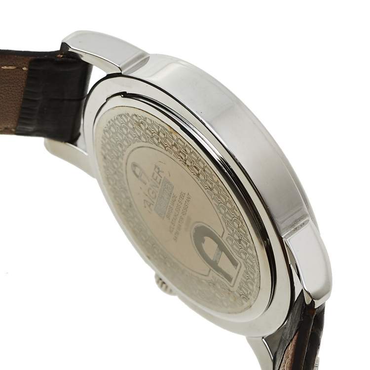 Pre Owned Aigner Brown Stainless Steel Leather Cortina A26000 Unisex Wristwatch 42 mm