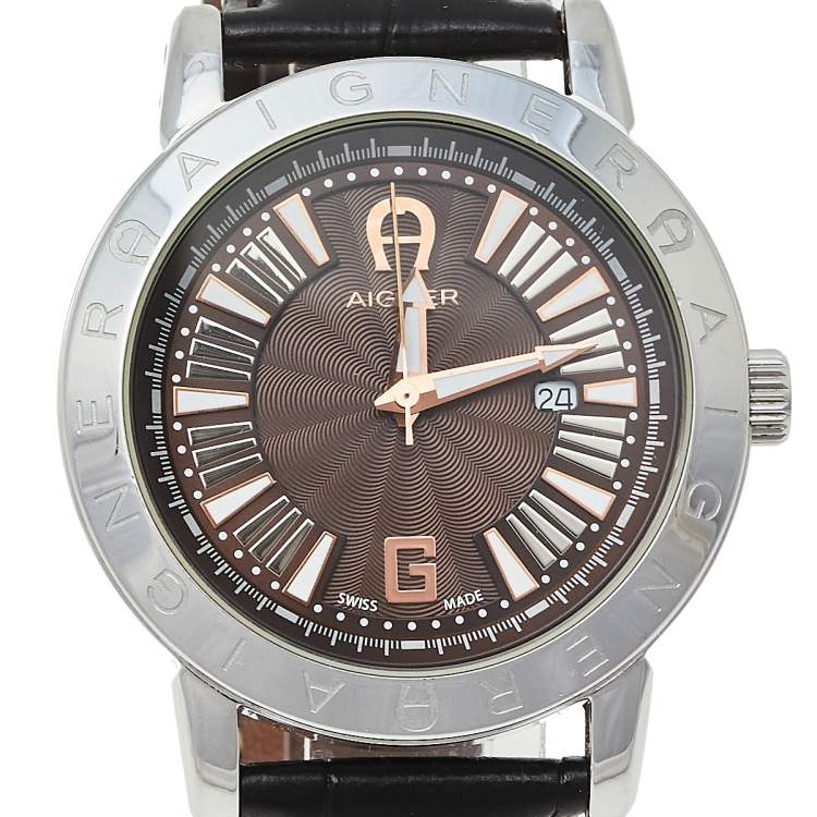 Pre Owned Aigner Brown Stainless Steel Leather Cortina A26000 Unisex Wristwatch 42 mm