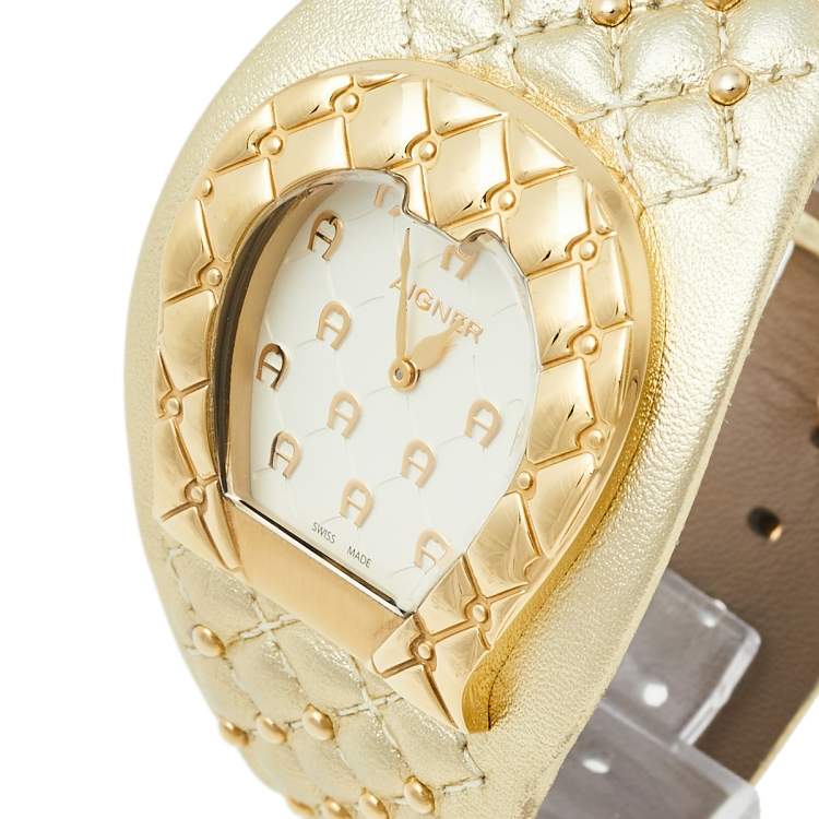 Pre Owned Aigner Gold Plated Stainless Steel Leather L'Aquila A41200 Women's Wristwatch 36 mm