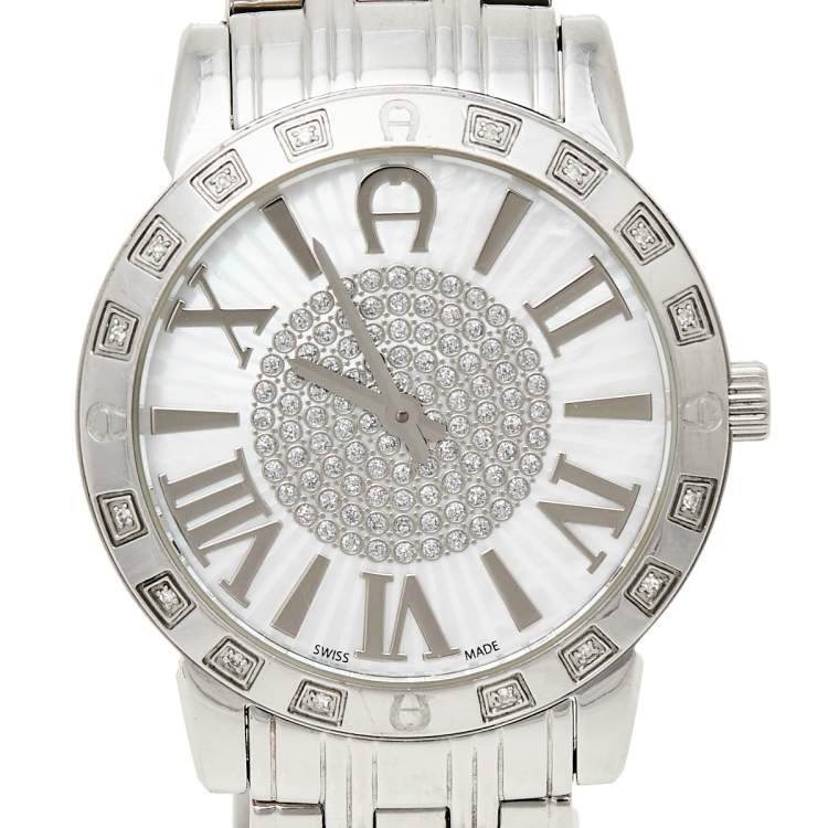 Pre Owned Aigner Silver Stainless Steel Diamond Cortina A26300 Women's Wristwatch 36 mm