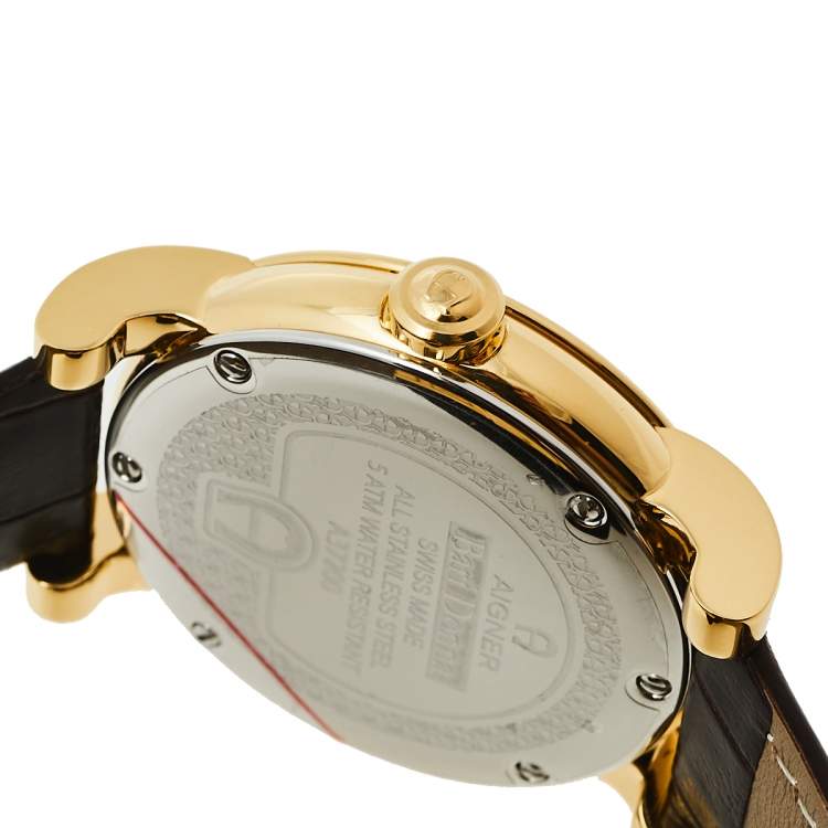 Pre Owned Aigner Mother Of Pearl Gold Plated Stainless Steel Leather Diamond Bari Donna A37200 Women's Wristwatch 41 mm
