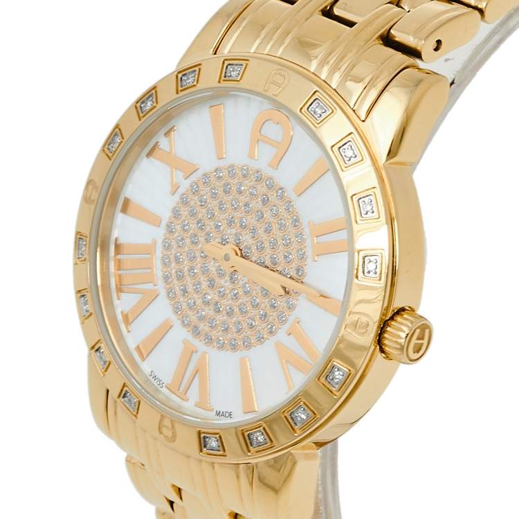 Pre Owned Aigner Mother of Pearl Gold Tone Stainless Steel Diamond Cortina A26300 Women's Wristwatch 36 mm