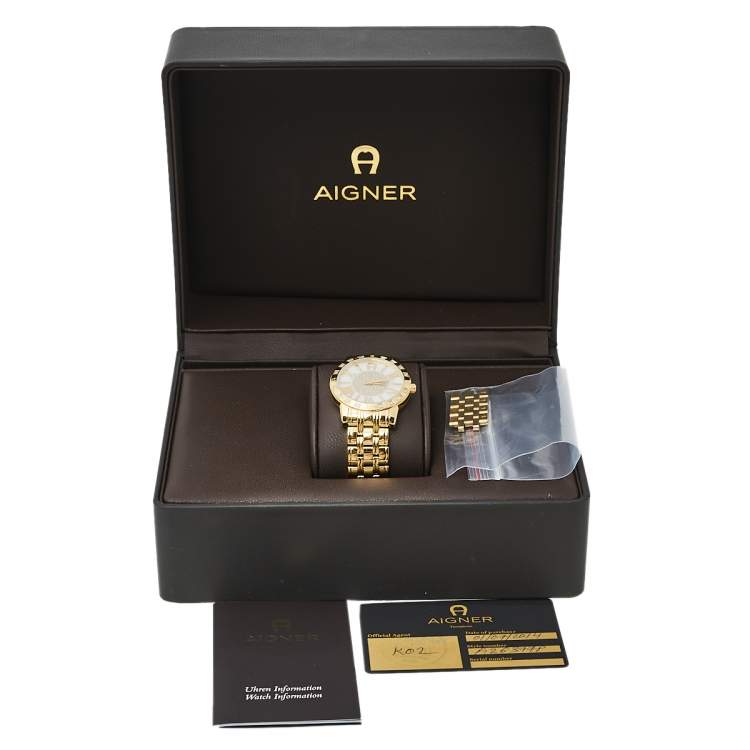Pre Owned Aigner Mother of Pearl Gold Tone Stainless Steel Diamond Cortina A26300 Women's Wristwatch 36 mm