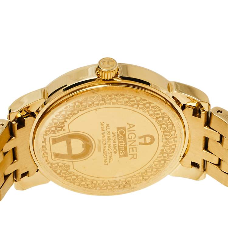 Pre Owned Aigner Mother of Pearl Gold Tone Stainless Steel Diamond Cortina A26300 Women's Wristwatch 36 mm
