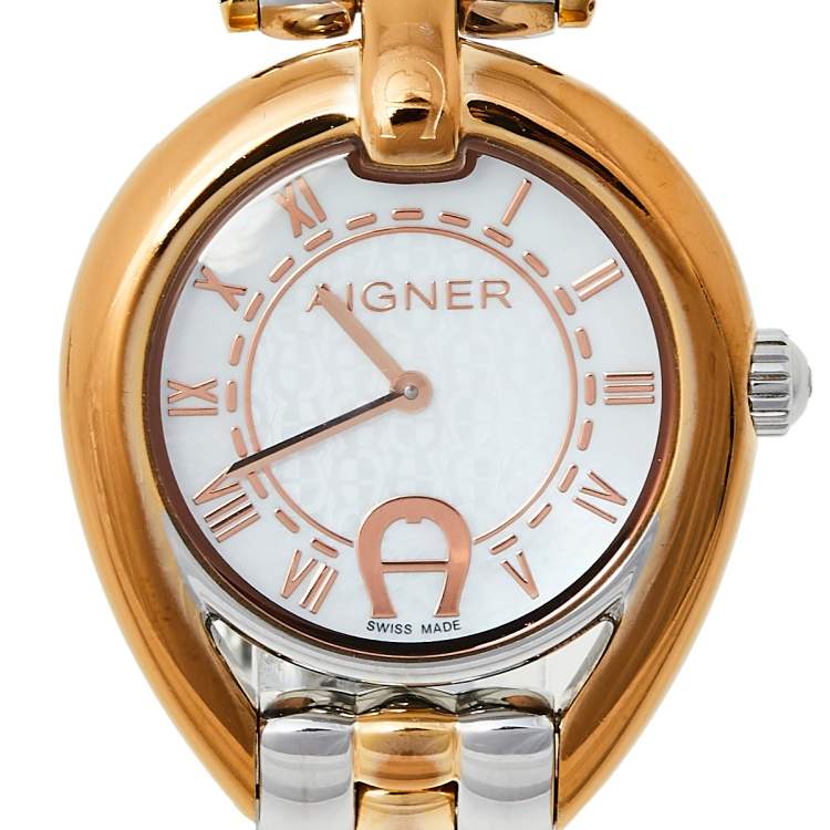 Pre Owned Aigner Mother Of Pearl Two-Tone Stainless Steel Imperia A49300 Women's Wristwatch 35 mm