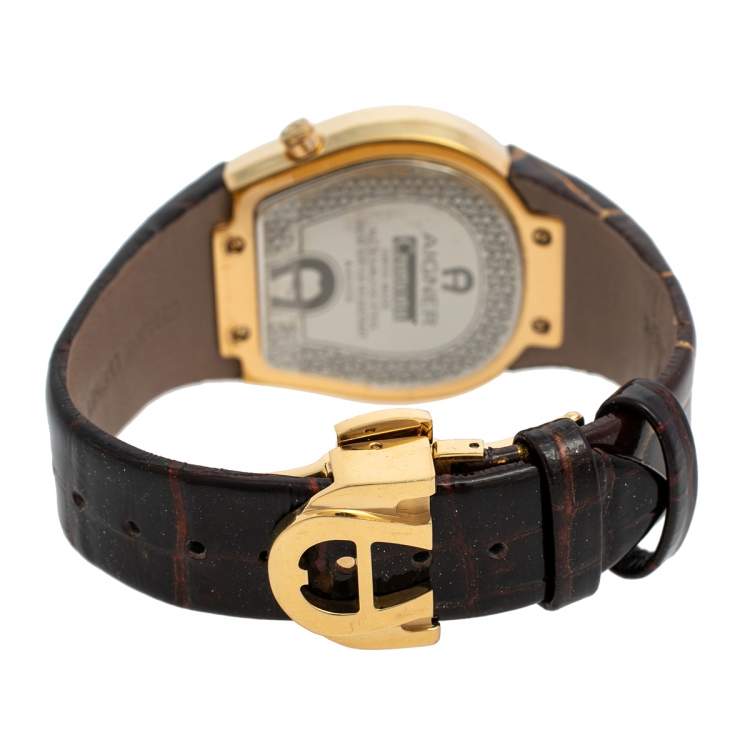 Pre Owned Aigner Silver Gold Tone Stainless Steel Leather Cremona A40200 Women's Wristwatch 36 mm