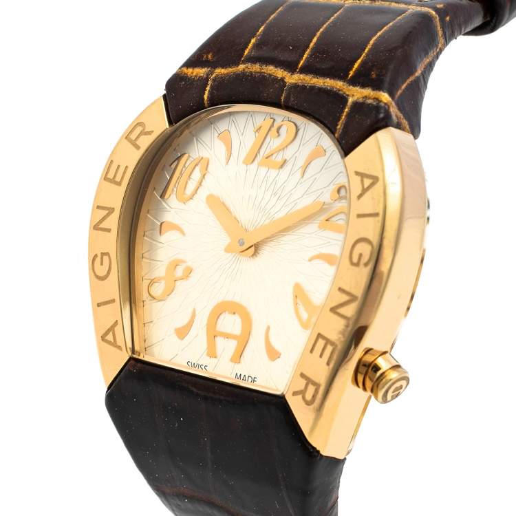 Pre Owned Aigner Silver Gold Tone Stainless Steel Leather Cremona A40200 Women's Wristwatch 36 mm