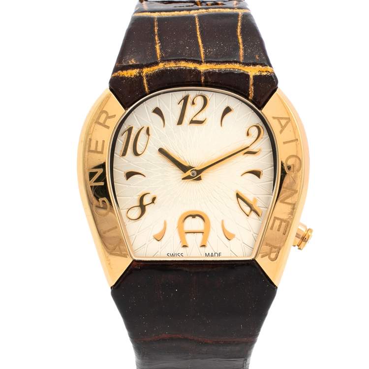 Pre Owned Aigner Silver Gold Tone Stainless Steel Leather Cremona A40200 Women's Wristwatch 36 mm
