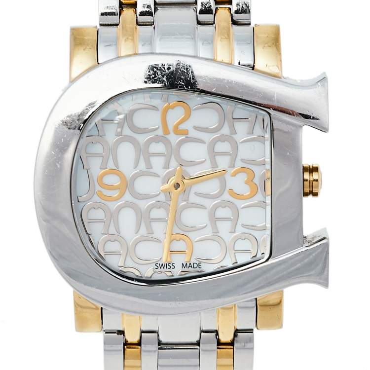 Pre Owned Aigner Mother of Pearl Two-Tone Stainless Steel Genua Due A31600 Women's Wristwatch 34 mm