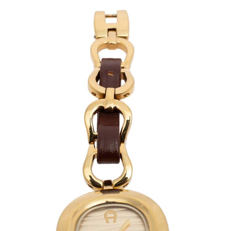 Pre Owned Aigner Gold Plated Stainless Steel Leather Perugia A07300 Women's Wristwatch 28 mm