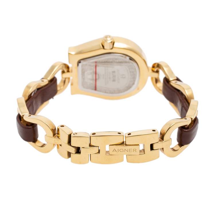 Pre Owned Aigner Gold Plated Stainless Steel Leather Perugia A07300 Women's Wristwatch 28 mm