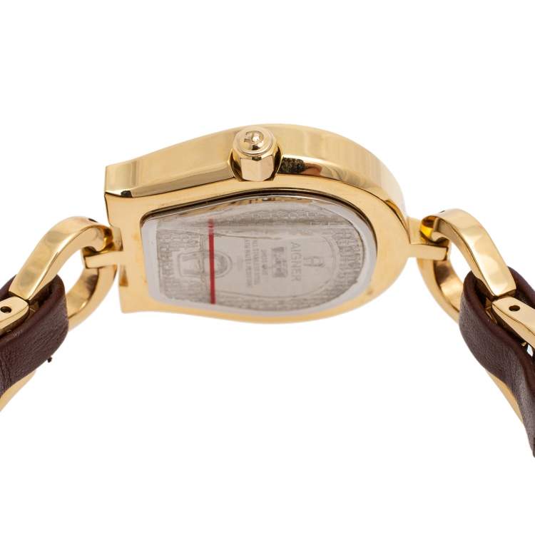 Pre Owned Aigner Gold Plated Stainless Steel Leather Perugia A07300 Women's Wristwatch 28 mm