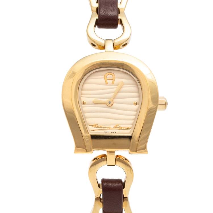 Pre Owned Aigner Gold Plated Stainless Steel Leather Perugia A07300 Women's Wristwatch 28 mm