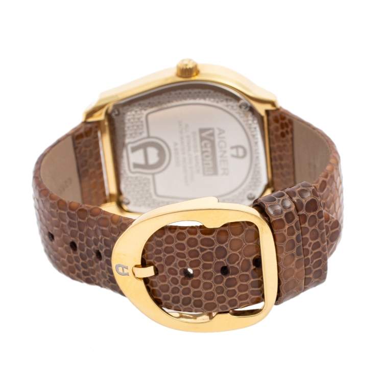 Pre Owned Aigner Gold Plated Stainless Steel Leather Verona A48000 Women's Wristwatch 39 mm