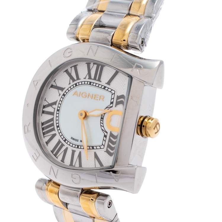 Pre Owned Aigner Mother Of Pearl Two-Tone Stainless Steel Arco A34321 Women's Wristwatch 32 mm