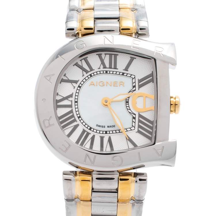 Pre Owned Aigner Mother Of Pearl Two-Tone Stainless Steel Arco A34321 Women's Wristwatch 32 mm