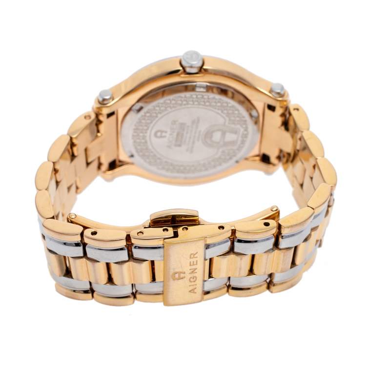 Pre Owned Aigner White Two-Tone Rose Gold Plated Stainless Steel Bologna A55200 Women's Wristwatch 35 mm