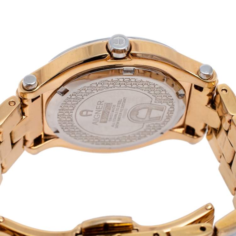 Pre Owned Aigner White Two-Tone Rose Gold Plated Stainless Steel Bologna A55200 Women's Wristwatch 35 mm