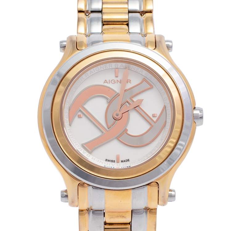Pre Owned Aigner White Two-Tone Rose Gold Plated Stainless Steel Bologna A55200 Women's Wristwatch 35 mm