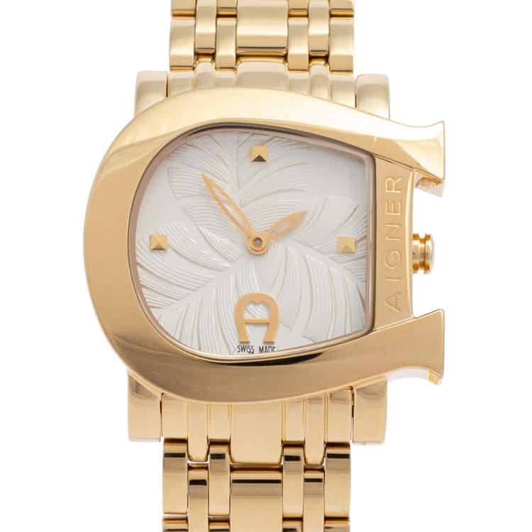 Pre Owned Aigner White Leaves Gold Plated Stainless Steel Genua Due A31600 Women's Wristwatch 31 mm