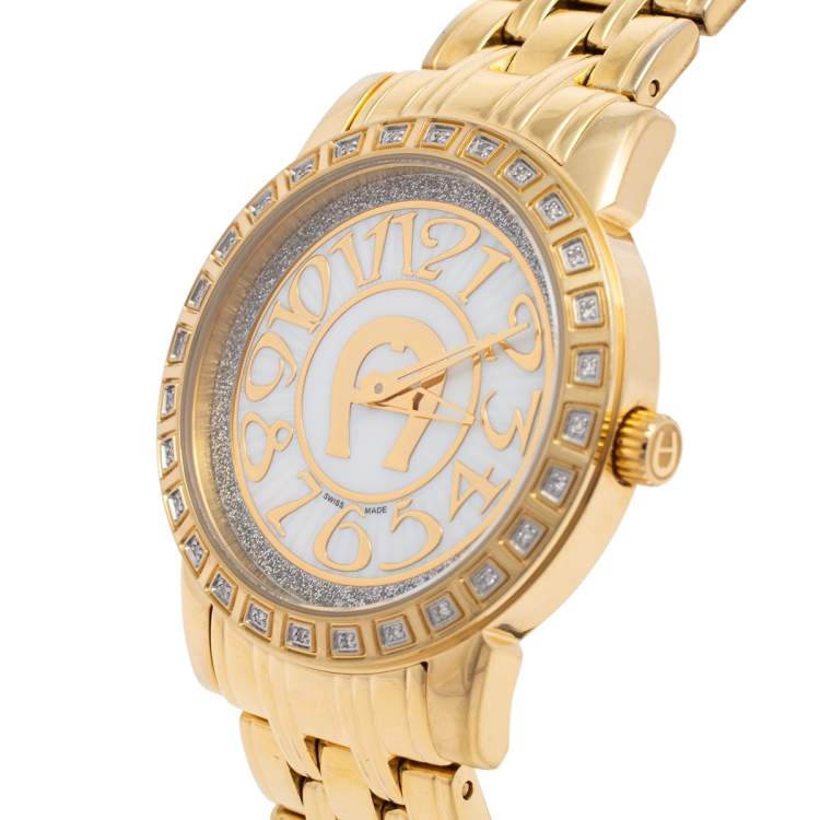 Pre Owned Aigner Mother of Pearl Gold Plated Stainless Steel Cortina A26300 Women's Wristwatch 36 mm