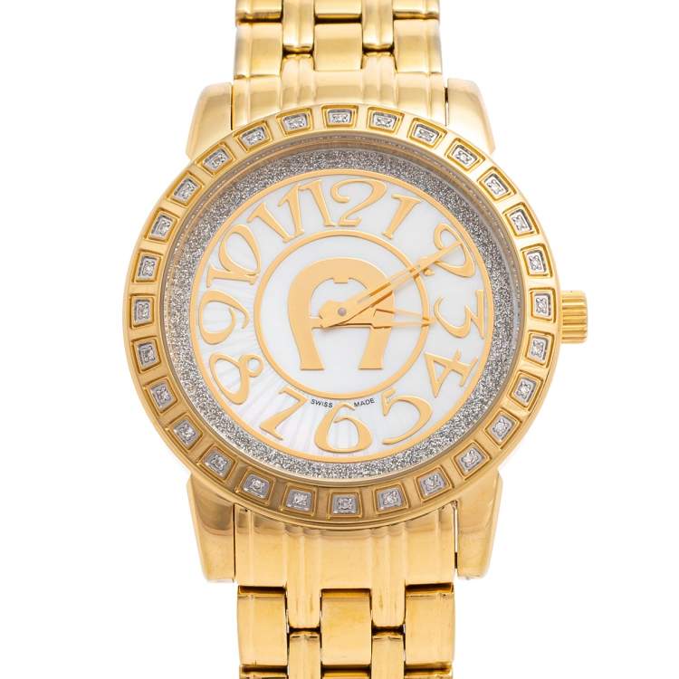 Pre Owned Aigner Mother of Pearl Gold Plated Stainless Steel Cortina A26300 Women's Wristwatch 36 mm