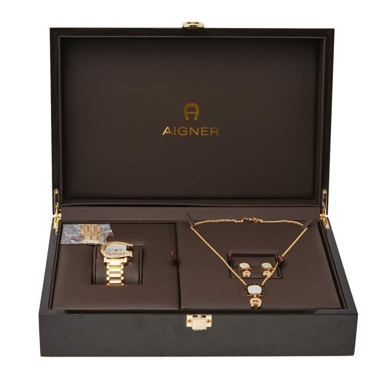 مملوكة مسبقًا Aigner MOP Gold Plated Stainless Steel Diamonds Genua Due A31600 Women's Wristwatch 34 mm Set with Necklace & Earring