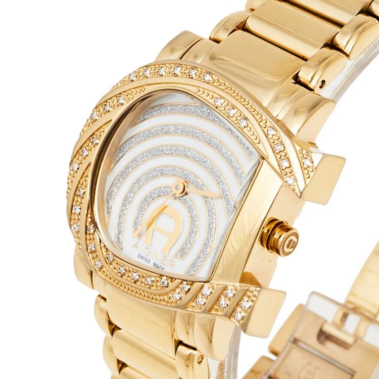 مملوكة مسبقًا Aigner MOP Gold Plated Stainless Steel Diamonds Genua Due A31600 Women's Wristwatch 34 mm Set with Necklace & Earring