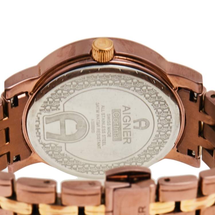 Pre Owned Aigner Champagne Two-Tone Stainless Steel Cortina A26300 Women's Wristwatch 35 mm