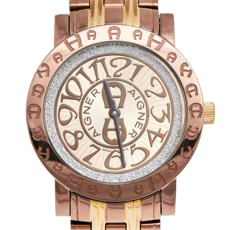 Pre Owned Aigner Champagne Two-Tone Stainless Steel Cortina A26300 Women's Wristwatch 35 mm