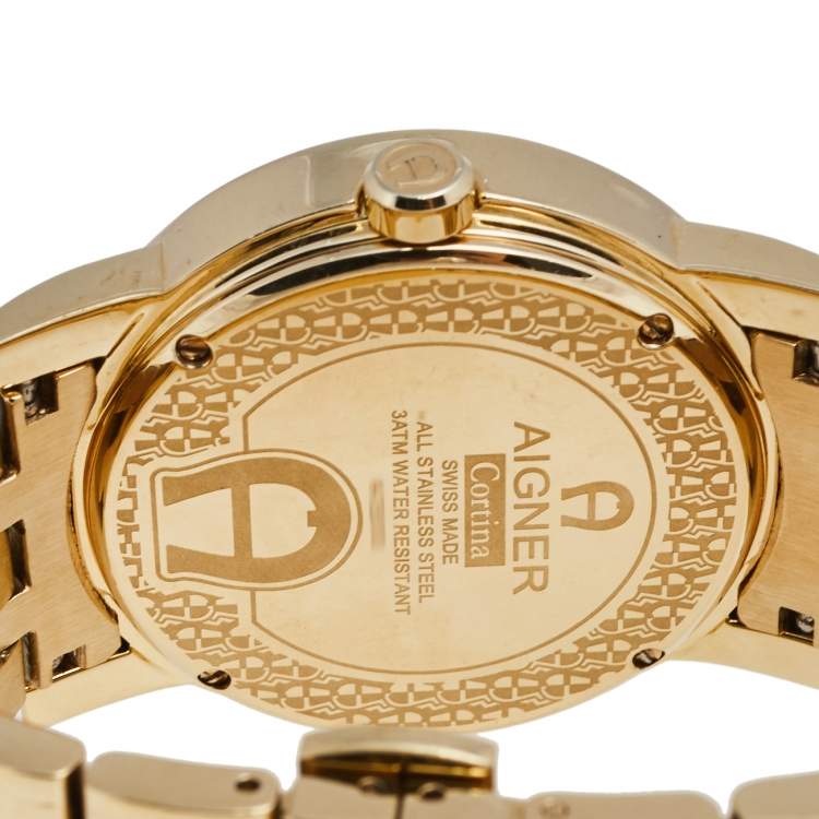 Pre Owned Aigner Mother of Pearl Gold Plated Stainless Steel Cortina A26100 Women's Wristwatch 38 mm