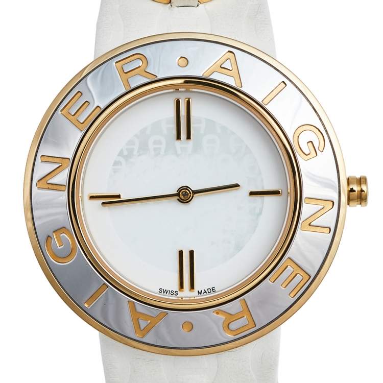 Pre Owned Aigner Mother of Pearl Two Tone Stainless Steel Leather Aversa A51300 Women's Wristwatch 35 mm 