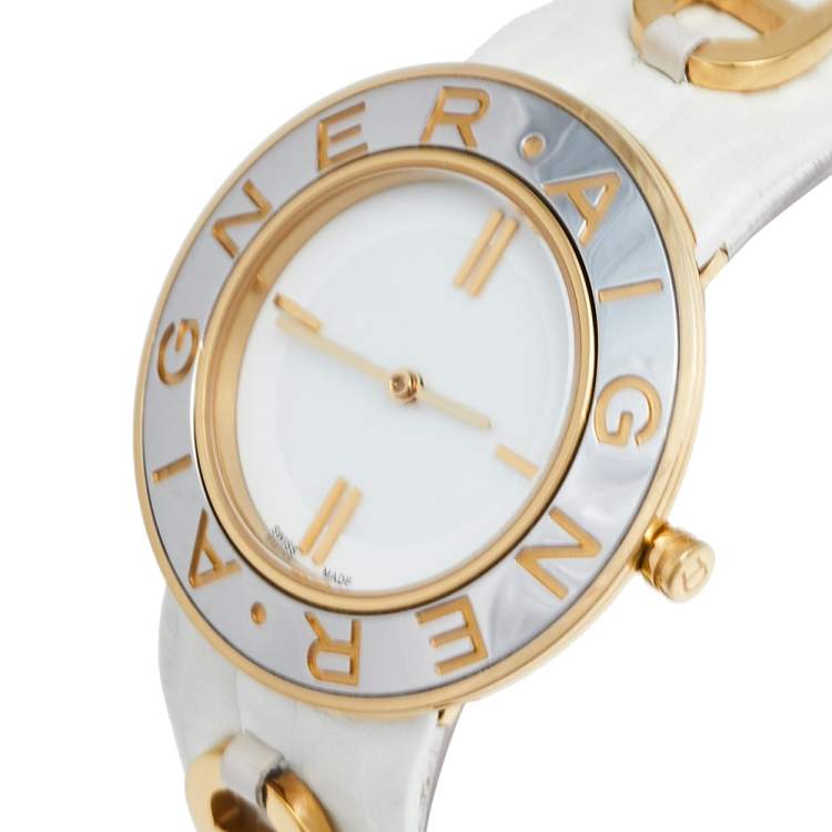 Pre Owned Aigner Mother of Pearl Two Tone Stainless Steel Leather Aversa A51300 Women's Wristwatch 35 mm 